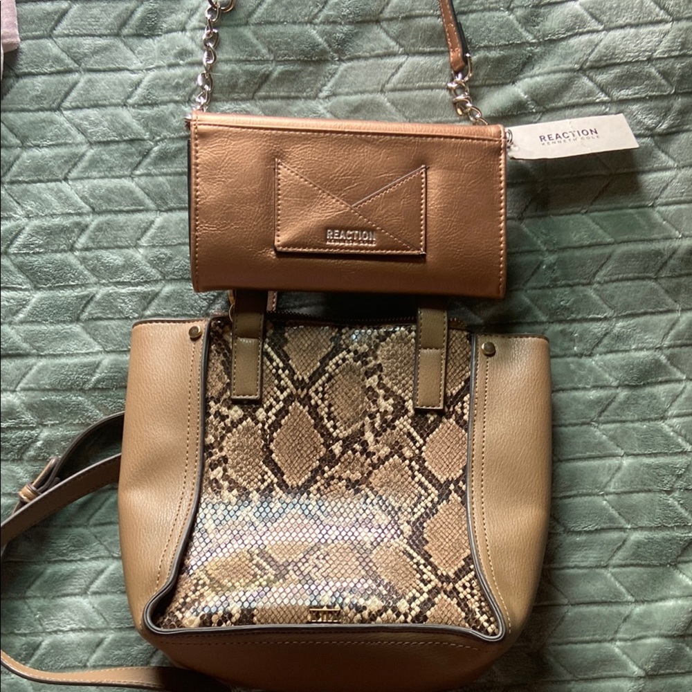 Women's Tan and Brown Snake Print Bag and Kenneth Cole shoulder wallet